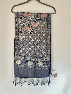 Batik Keris Indonesian long blue abstract floral rectangular silk scarf NWT